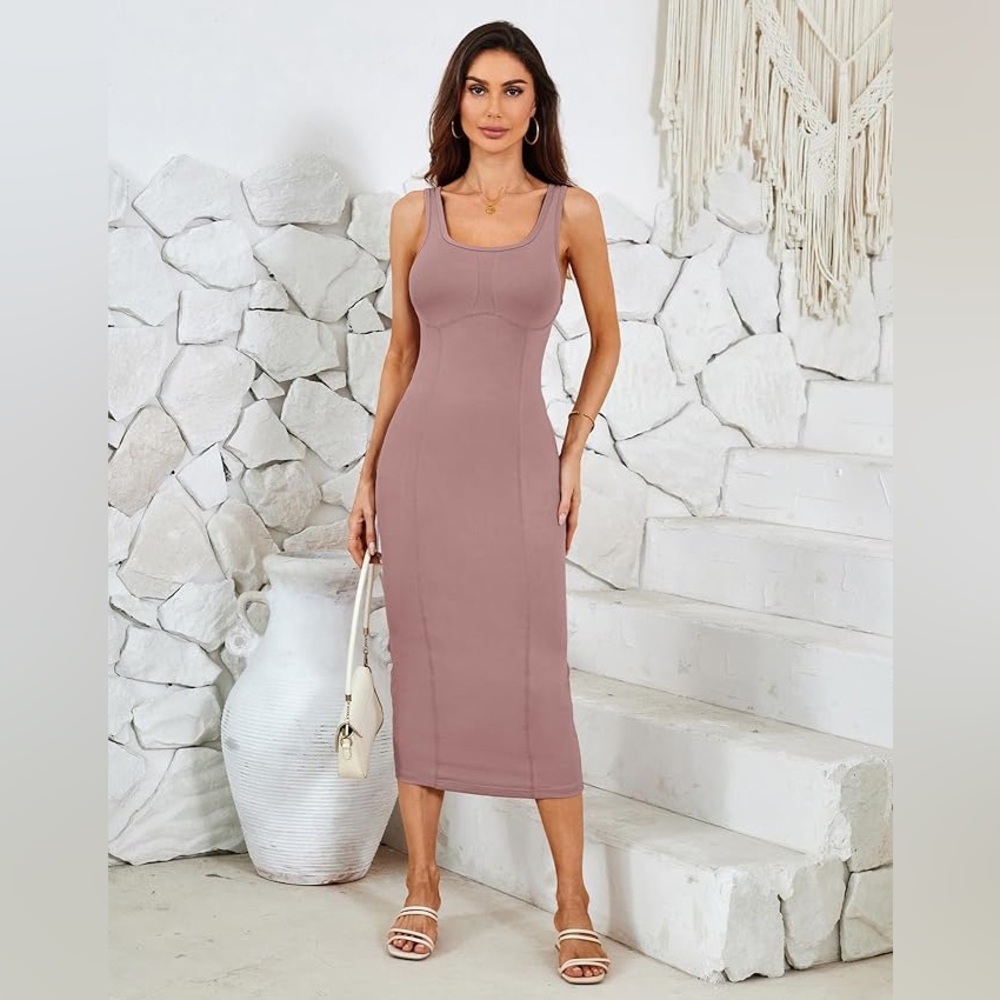 Grace Karin Mauve Rose Sleeveless Scoop Neck Seamless Bodycon Midi Dress 16 NWT